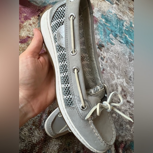 Sperry Women's 7.5 Angelfish Breton Stripe Mesh Slip-On Boat Shoe charcoal white - Picture 3 of 11